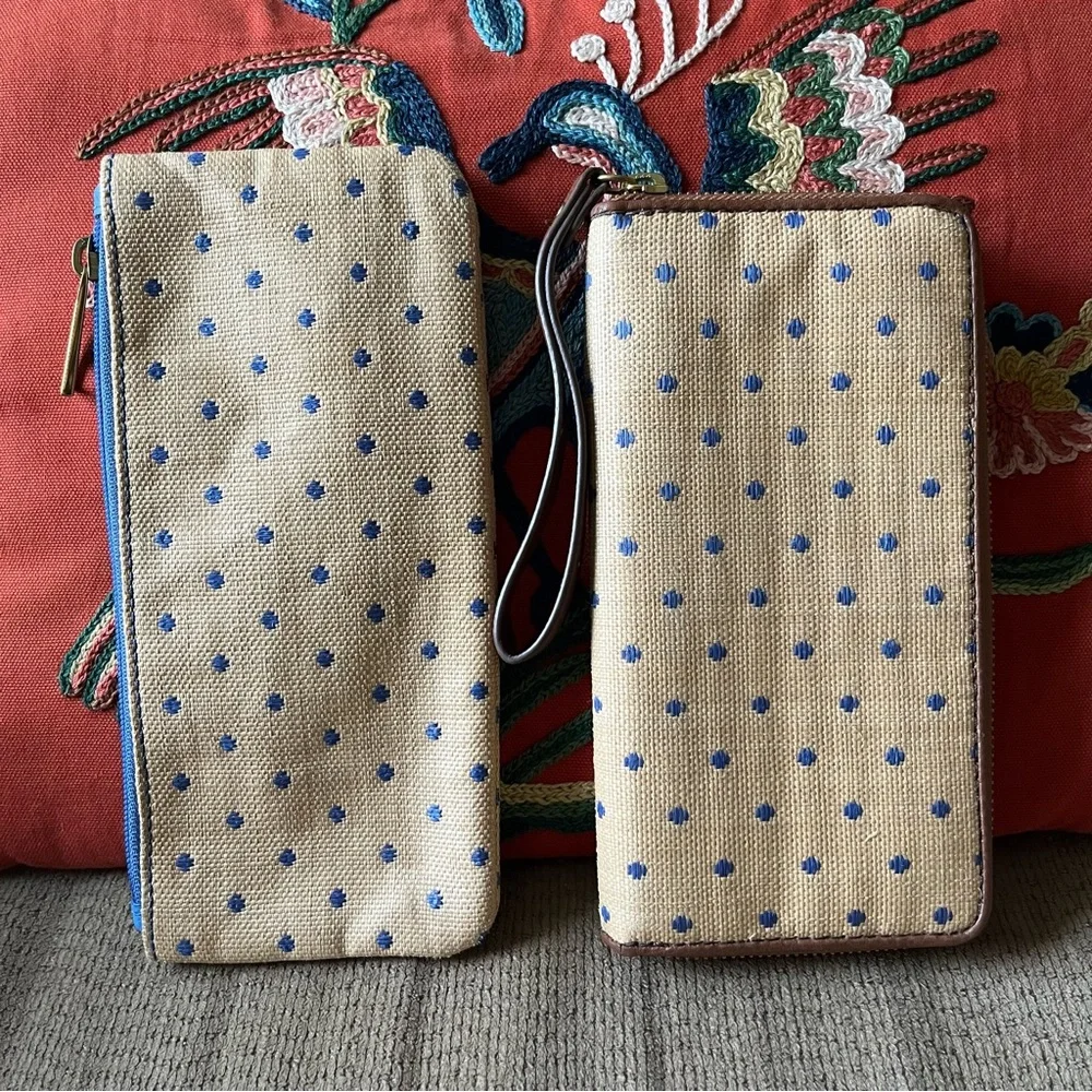 💙 Fossil Felicity Blue Dot Jori Zip Clutch Wallet & Pouch - Tan & Brown & Blue - Picture 14 of 15